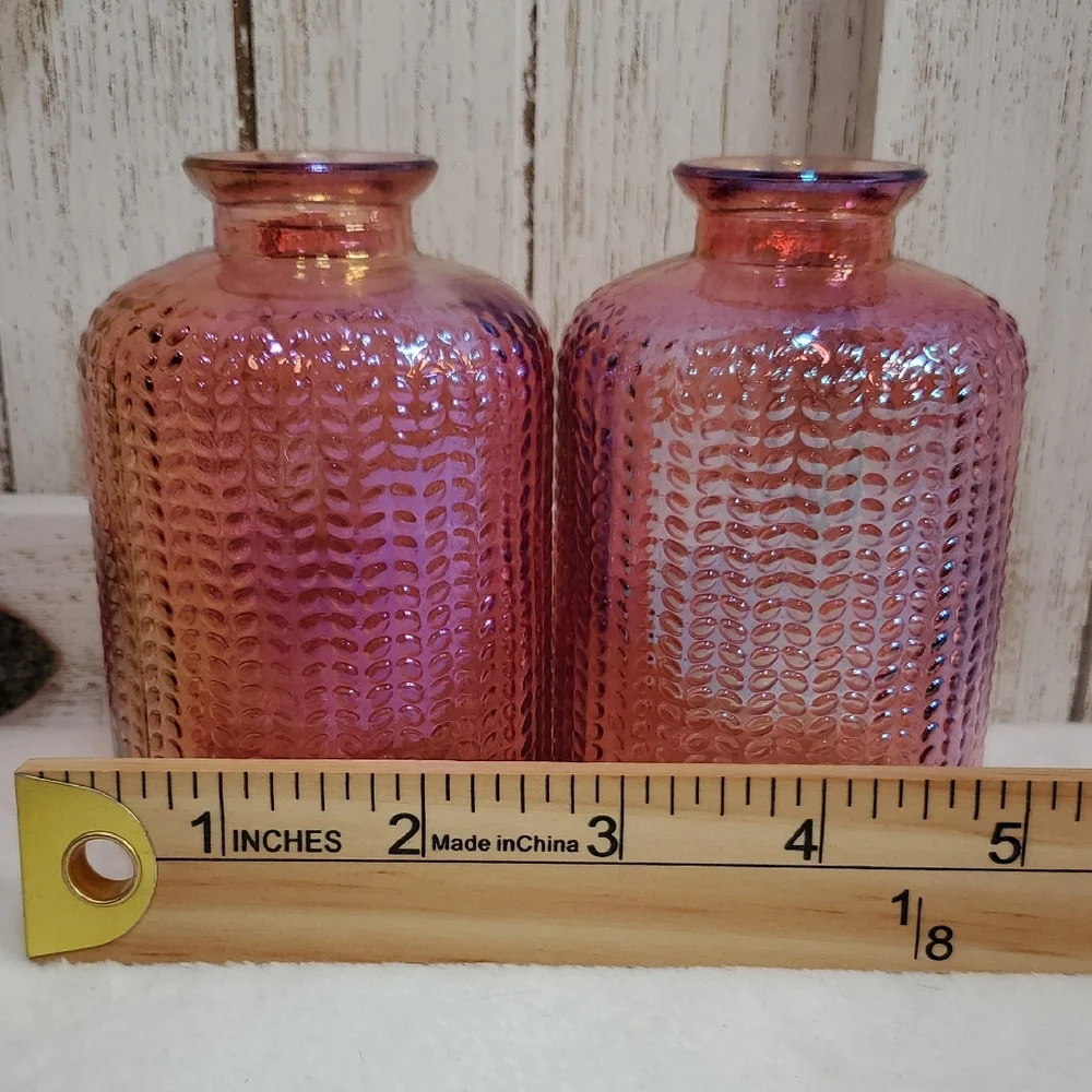 Elegant Pink Iridescent Textured Glass Bottles Bud Vases Set of 2